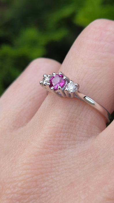 Vintage: 18ct White Gold Ruby & Diamond Three-Stone Ring — From 1978