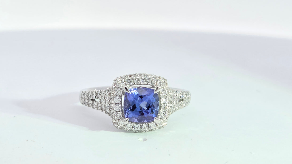 Vintage: 18ct White Gold Tanzanite & Diamond 0.75ct Halo Dress Ring