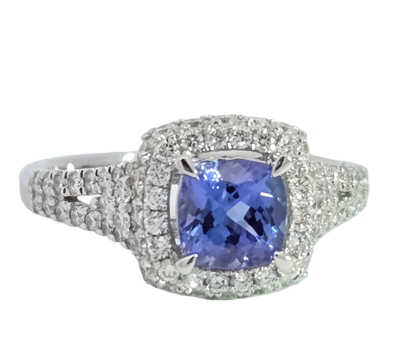 Vintage: 18ct White Gold Tanzanite & Diamond 0.75ct Halo Dress Ring