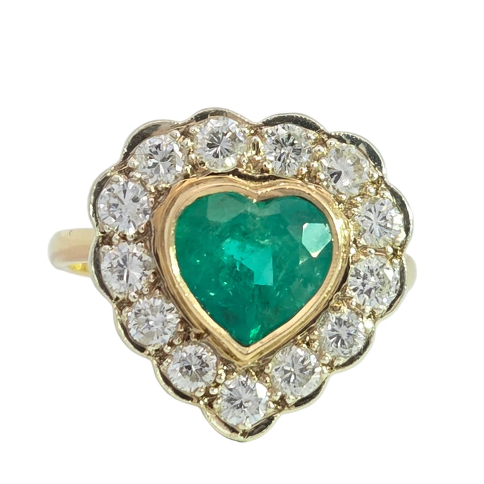 Vintage: 18ct Yellow Gold Emerald approx. 1.65ct & 13 Diamonds approx. 1ct Heart-Shaped Dress Ring