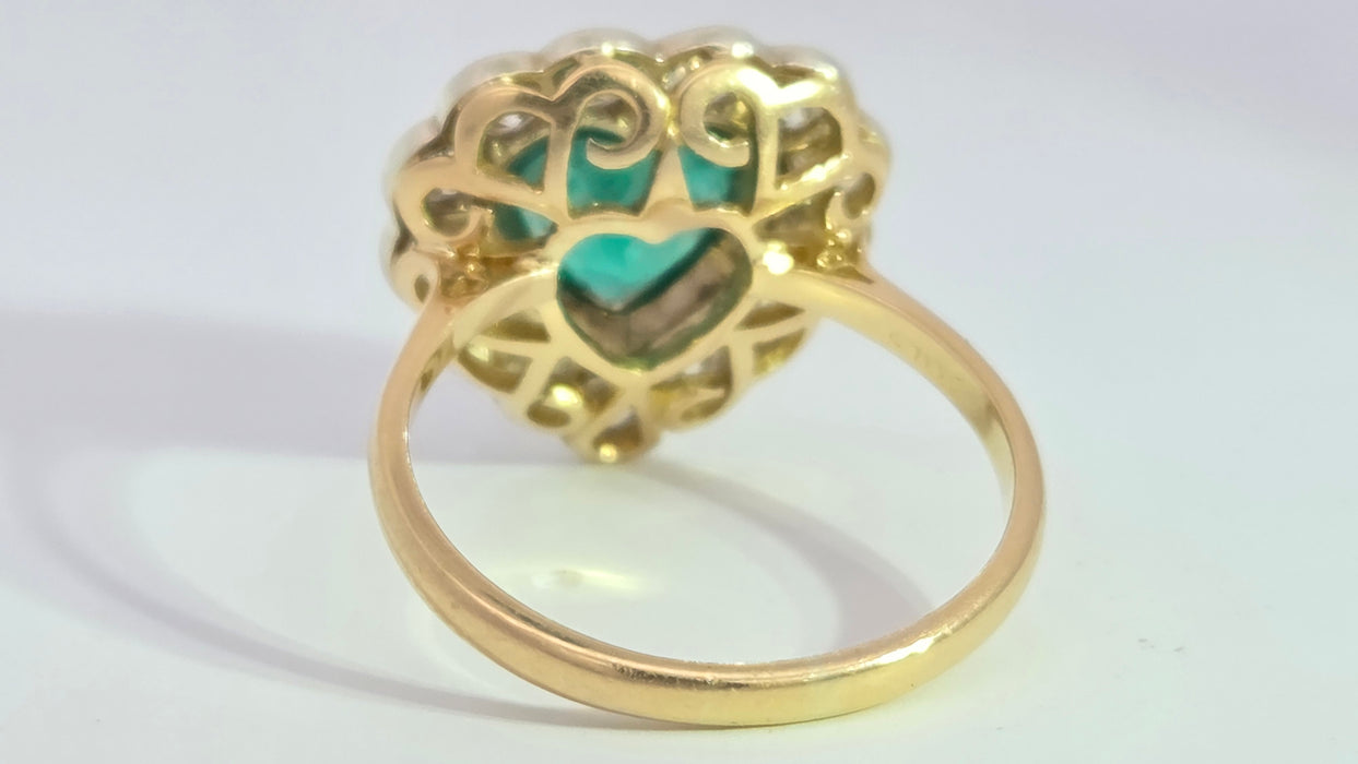 Vintage: 18ct Yellow Gold Emerald approx. 1.65ct & 13 Diamonds approx. 1ct Heart-Shaped Dress Ring