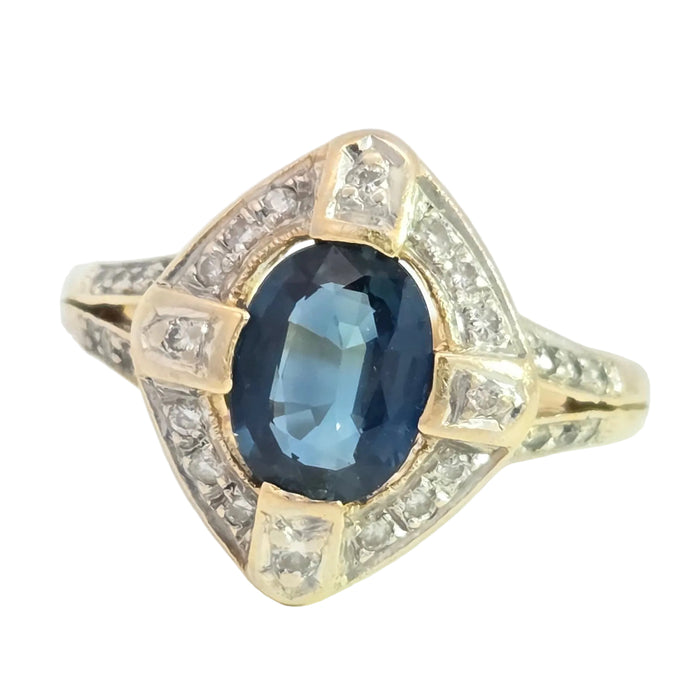Vintage: 18ct Yellow Gold Sapphire 1.24ct & Diamond 0.20ct Art Deco Style Dress Ring