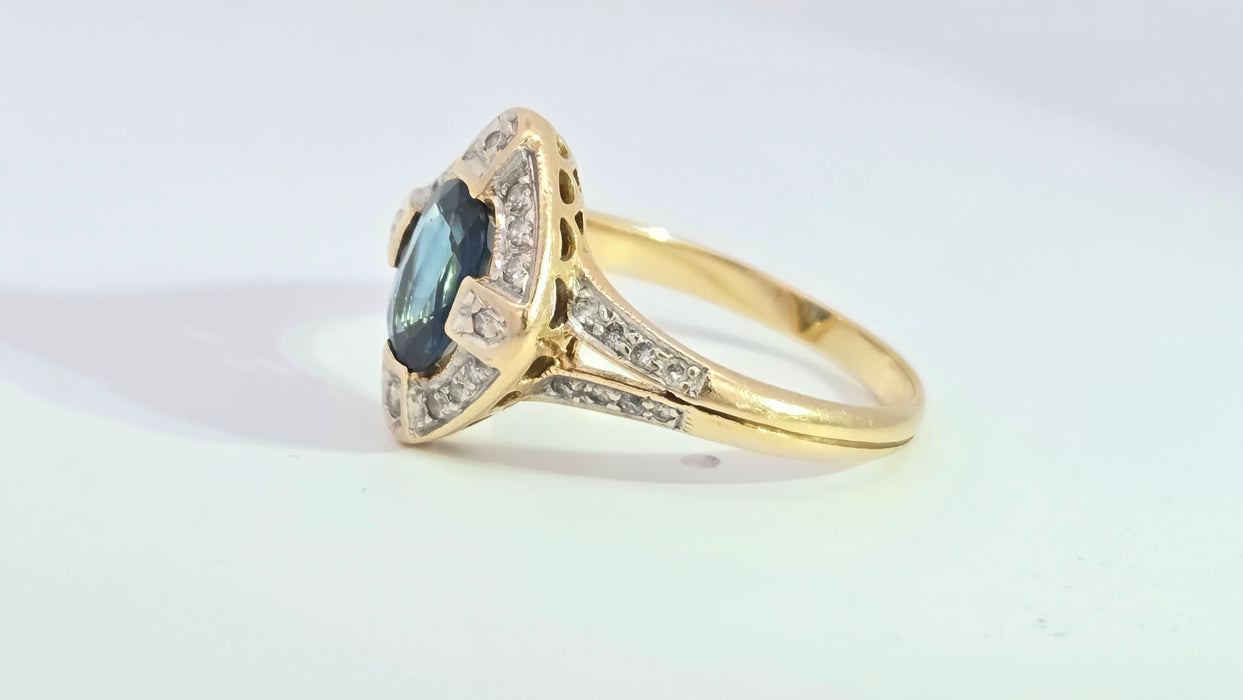 Vintage: 18ct Yellow Gold Sapphire 1.24ct & Diamond 0.20ct Art Deco Style Dress Ring