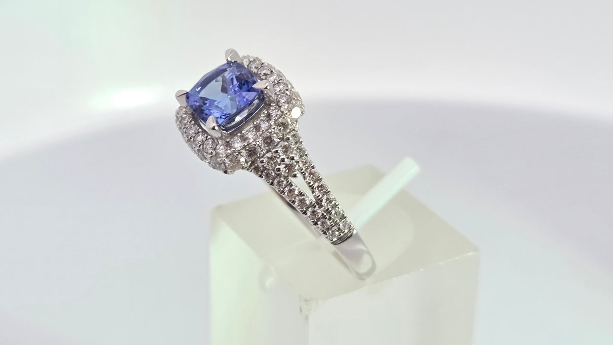 Vintage: 18ct White Gold Tanzanite & Diamond 0.75ct Halo Dress Ring