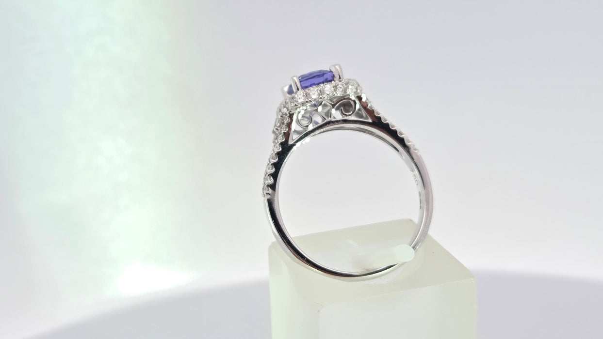 Vintage: 18ct White Gold Tanzanite & Diamond 0.75ct Halo Dress Ring