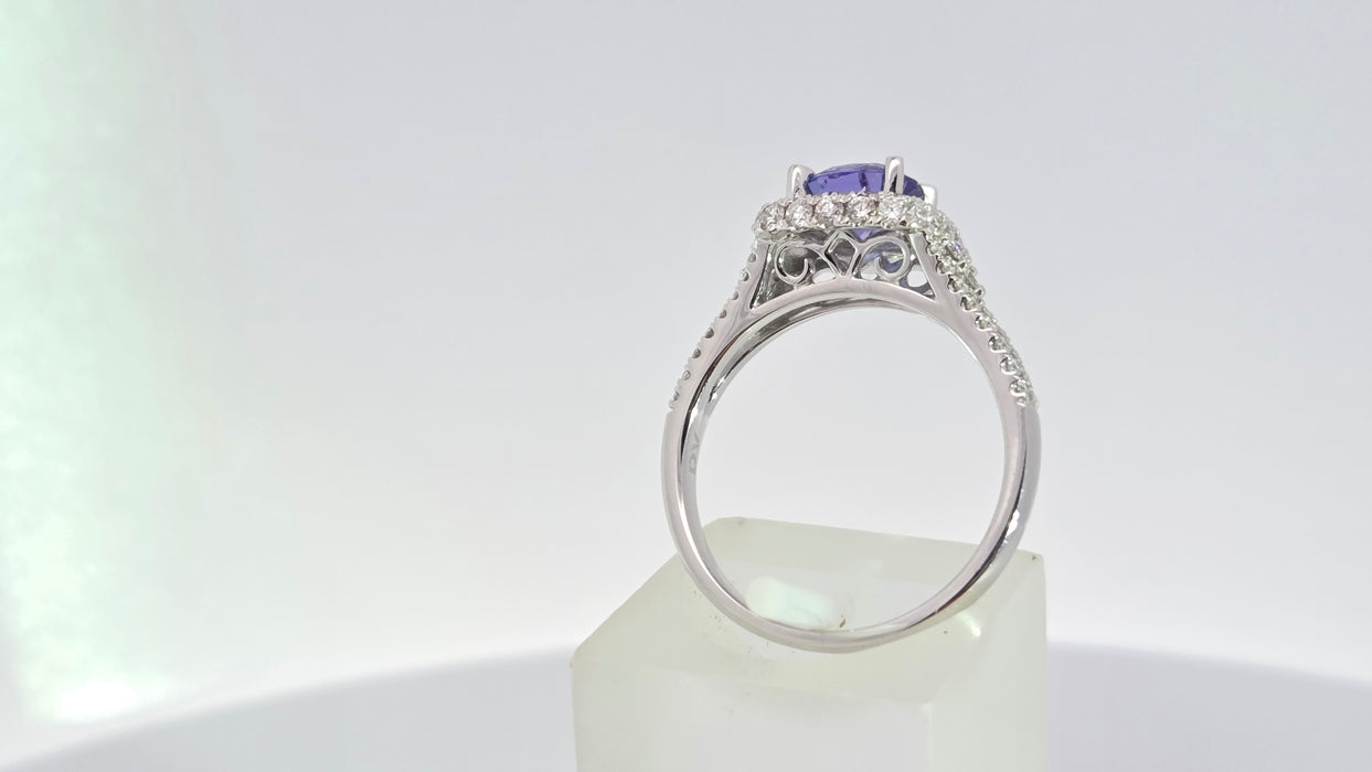 Vintage: 18ct White Gold Tanzanite & Diamond 0.75ct Halo Dress Ring