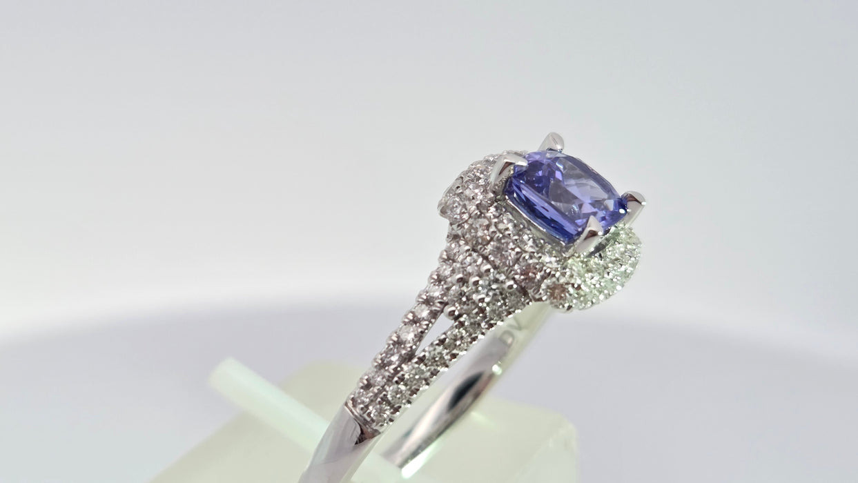Vintage: 18ct White Gold Tanzanite & Diamond 0.75ct Halo Dress Ring