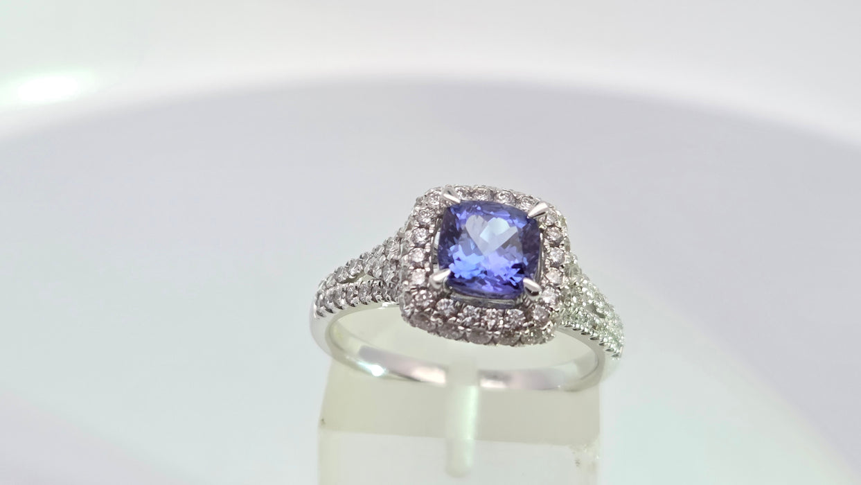 Vintage: 18ct White Gold Tanzanite & Diamond 0.75ct Halo Dress Ring