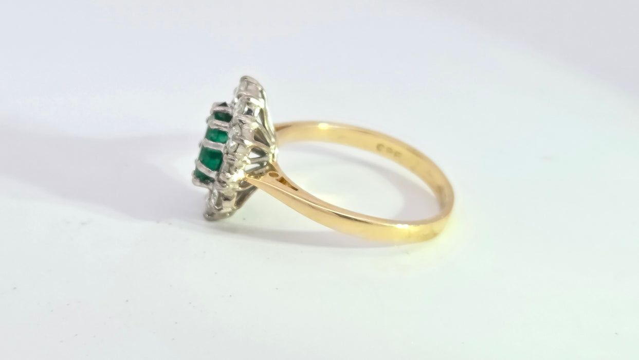 Vintage: 18ct Yellow Gold Emerald 1ct & Diamond 0.7ct Cluster Halo Ring — From 1987