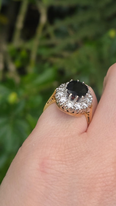 Vintage: 18ct Yellow Gold Sapphire 3.00ct & Diamond 0.75ct Diana Cluster Ring — From 1975