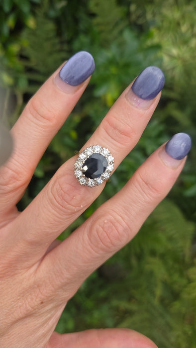 Vintage: 18ct Yellow Gold Sapphire 3.00ct & Diamond 0.75ct Diana Cluster Ring — From 1975
