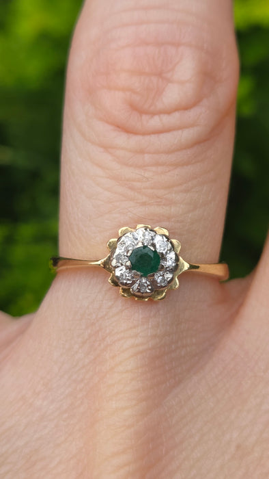 Vintage: 18ct Yellow Gold Emerald & Diamond Target Ring — From 1970