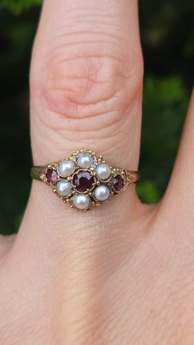 Antique: 12ct Yellow Gold Garnet & Seed Pearl Cluster Ring
