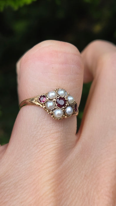 Antique: 12ct Yellow Gold Garnet & Seed Pearl Cluster Ring