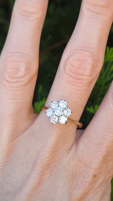 Vintage: 18ct Yellow Gold Diamond 1.45ct Seven Stone Floral Cluster Ring