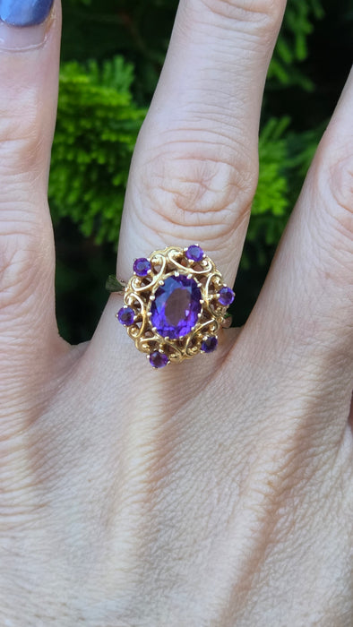 Vintage: 9ct Yellow Gold Amethyst Openwork Statement Cluster Ring — From 1975