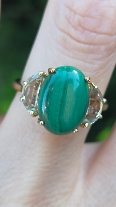 Vintage: 9ct Yellow Gold Malachite & Aquamarine Cocktail Ring