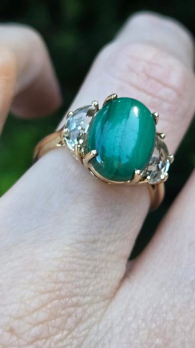 Vintage: 9ct Yellow Gold Malachite & Aquamarine Cocktail Ring