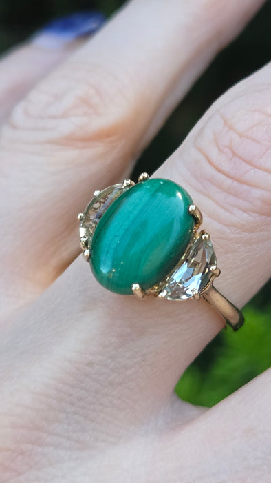 Vintage: 9ct Yellow Gold Malachite & Aquamarine Cocktail Ring