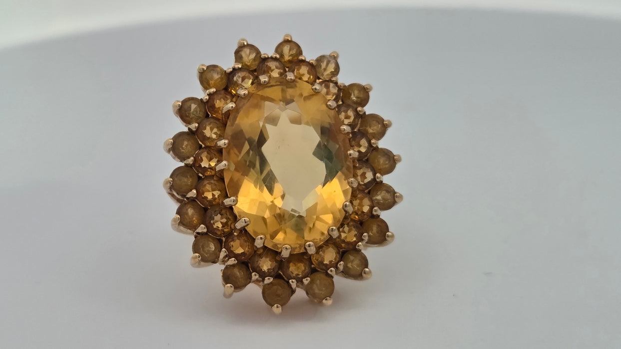 Vintage: 9ct Yellow Gold Citrine 13.69ct Statement Cocktail Cluster Ring — From 1973