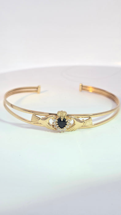 Vintage: 9ct Yellow Gold Sapphire & Simulated Diamond Claddagh Bangle