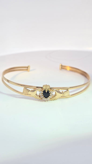 Vintage: 9ct Yellow Gold Sapphire & Simulated Diamond Claddagh Bangle