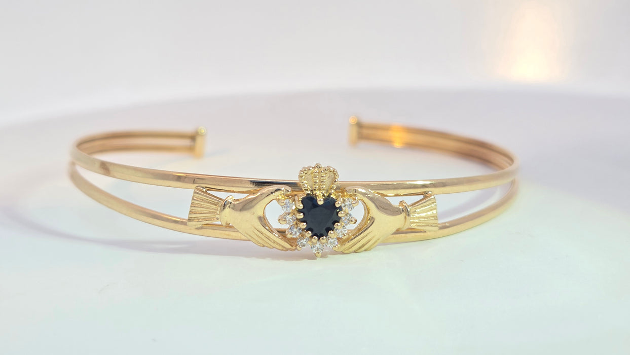 Vintage: 9ct Yellow Gold Sapphire & Simulated Diamond Claddagh Bangle