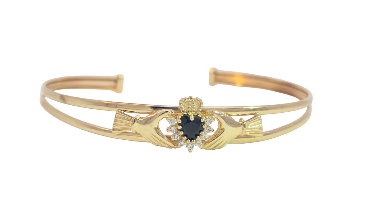 Vintage: 9ct Yellow Gold Sapphire & Simulated Diamond Claddagh Bangle