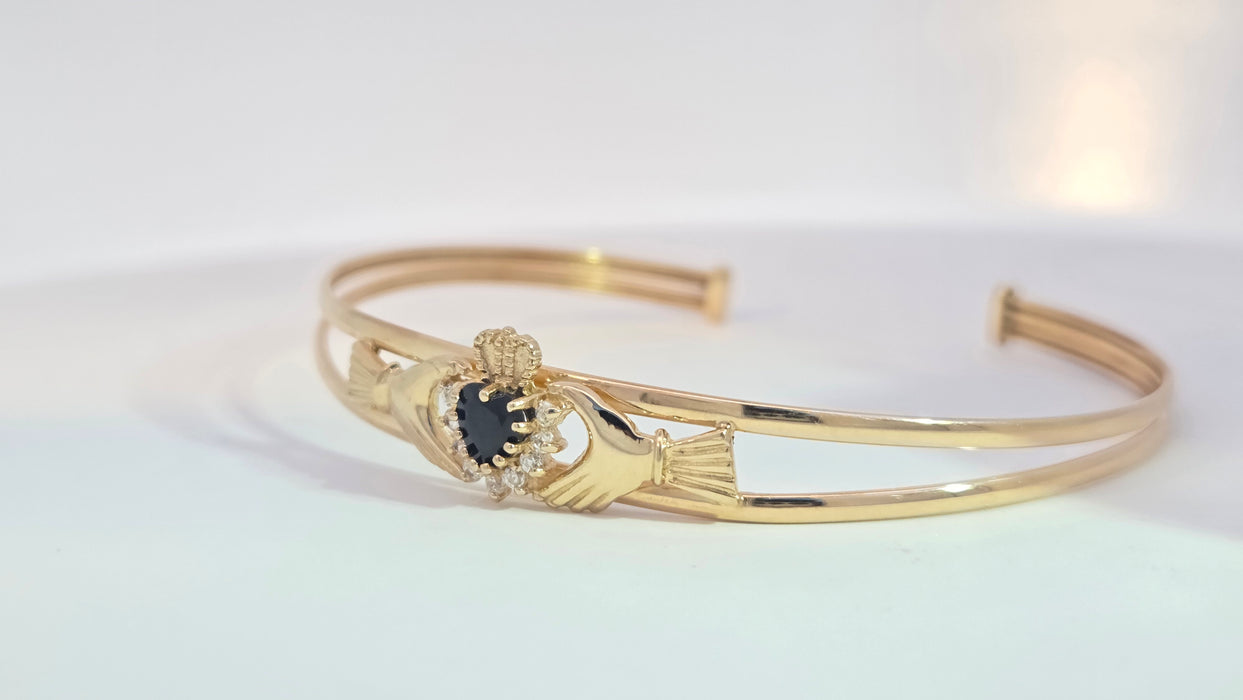 Vintage: 9ct Yellow Gold Sapphire & Simulated Diamond Claddagh Bangle