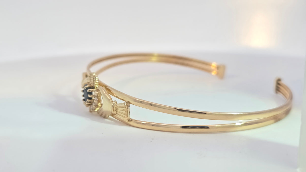 Vintage: 9ct Yellow Gold Sapphire & Simulated Diamond Claddagh Bangle