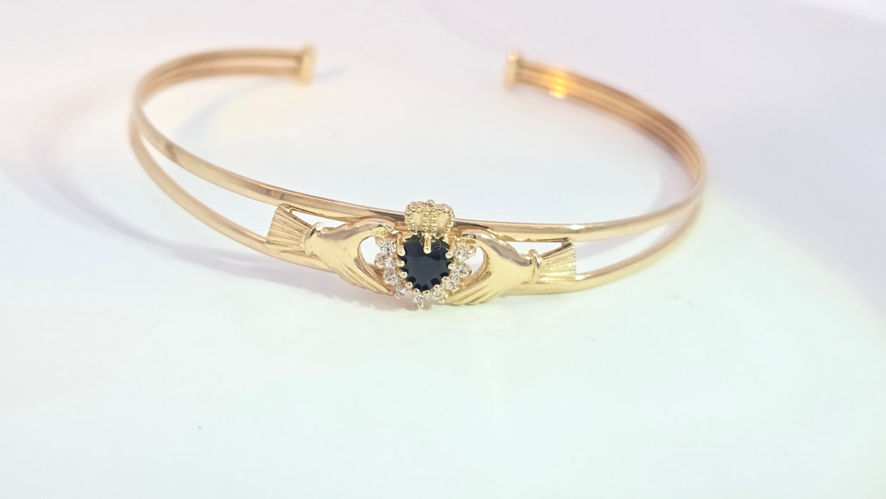 Vintage: 9ct Yellow Gold Sapphire & Simulated Diamond Claddagh Bangle