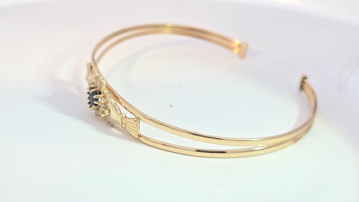 Vintage: 9ct Yellow Gold Sapphire & Simulated Diamond Claddagh Bangle