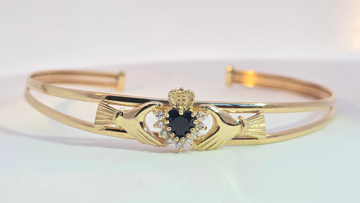 Vintage: 9ct Yellow Gold Sapphire & Simulated Diamond Claddagh Bangle