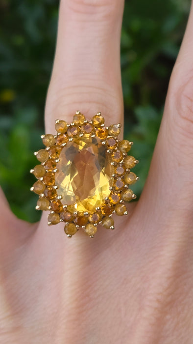 Vintage: 9ct Yellow Gold Citrine 13.69ct Statement Cocktail Cluster Ring — From 1973