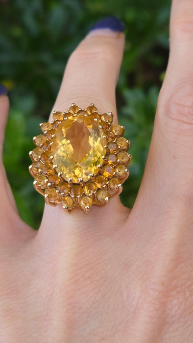 Vintage: 9ct Yellow Gold Citrine 13.69ct Statement Cocktail Cluster Ring — From 1973