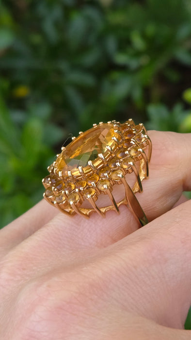 Vintage: 9ct Yellow Gold Citrine 13.69ct Statement Cocktail Cluster Ring — From 1973