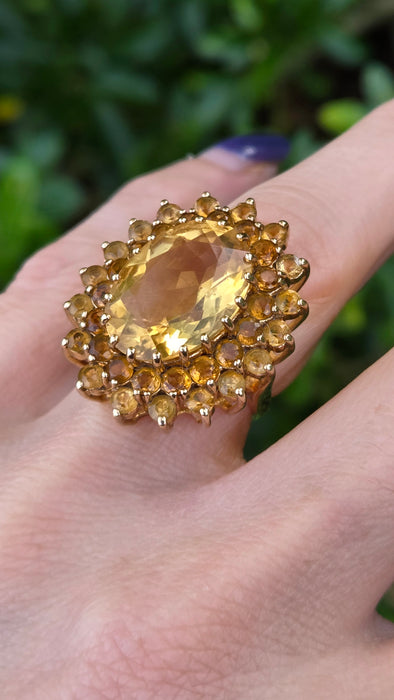 Vintage: 9ct Yellow Gold Citrine 13.69ct Statement Cocktail Cluster Ring — From 1973