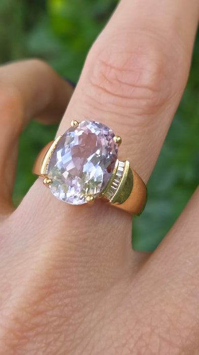 Vintage: 18ct Yellow Gold Kunzite (9ct) & Diamond Cocktail Cluster Ring