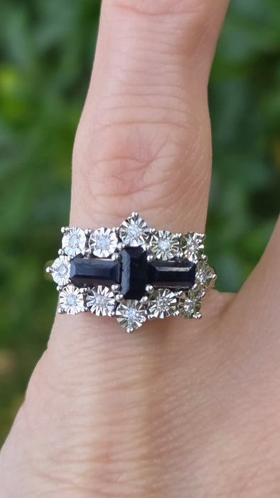 Vintage: 9ct Yellow Gold Sapphire & Diamond Over 1ct Art Deco-Style Dress Ring