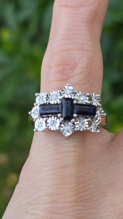 Vintage: 9ct Yellow Gold Sapphire & Diamond Over 1ct Art Deco-Style Dress Ring