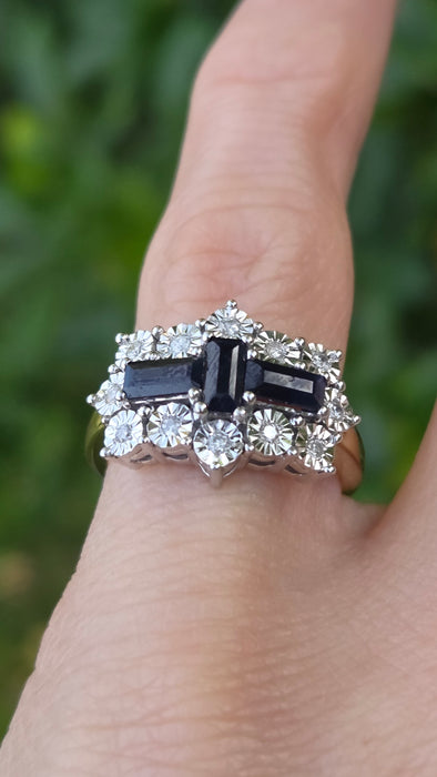Vintage: 9ct Yellow Gold Sapphire & Diamond Over 1ct Art Deco-Style Dress Ring