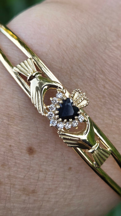 Vintage: 9ct Yellow Gold Sapphire & Simulated Diamond Claddagh Bangle