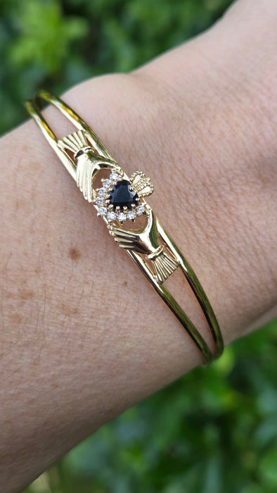 Vintage: 9ct Yellow Gold Sapphire & Simulated Diamond Claddagh Bangle