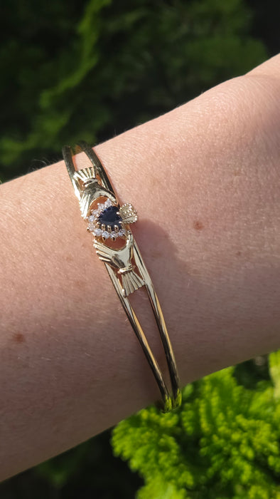 Vintage: 9ct Yellow Gold Sapphire & Simulated Diamond Claddagh Bangle