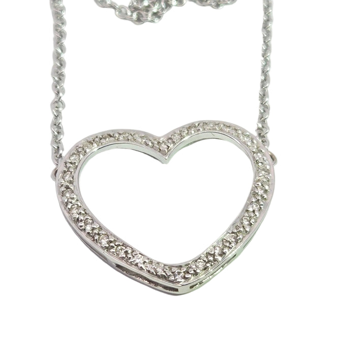 Vintage: 18ct White Gold 24-Diamond Pavé Open Heart Necklace