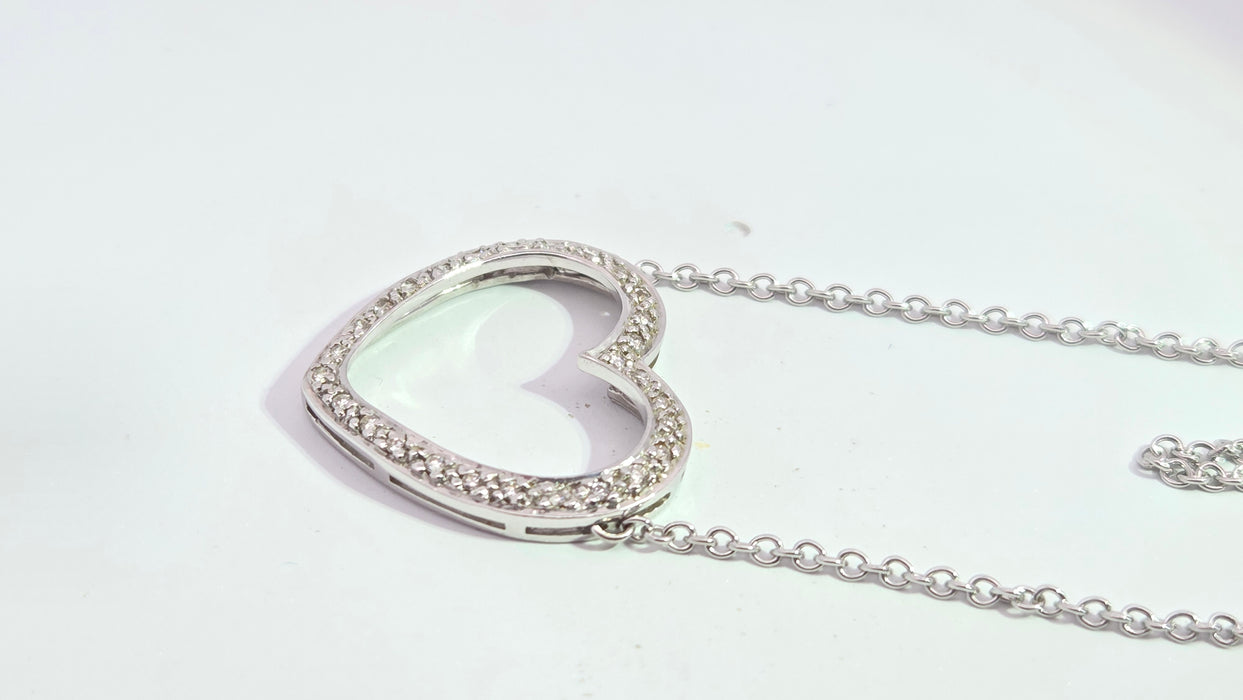 Vintage: 18ct White Gold 24-Diamond Pavé Open Heart Necklace