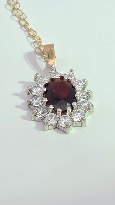 Vintage: 9ct Yellow Gold Garnet & Simulated Diamond Halo Pendant & Chain