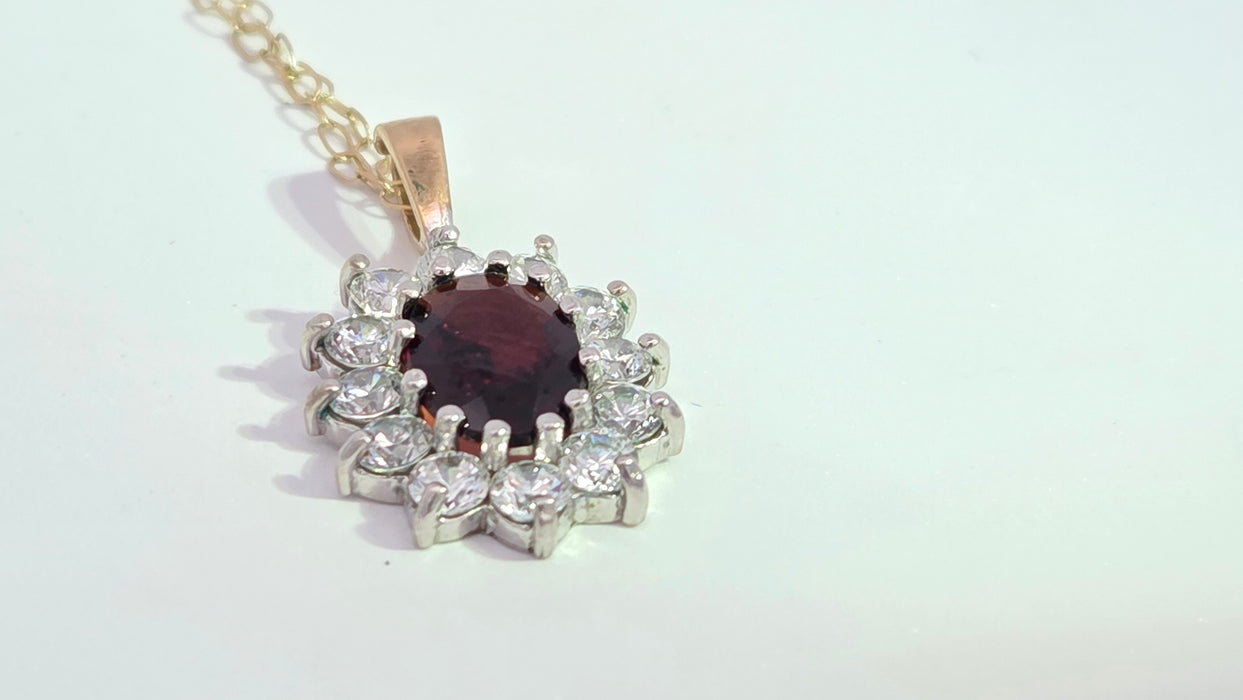 Vintage: 9ct Yellow Gold Garnet & Simulated Diamond Halo Pendant & Chain