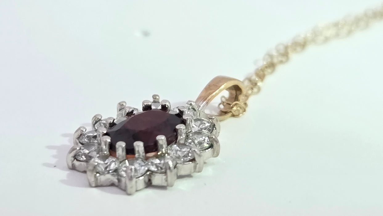 Vintage: 9ct Yellow Gold Garnet & Simulated Diamond Halo Pendant & Chain