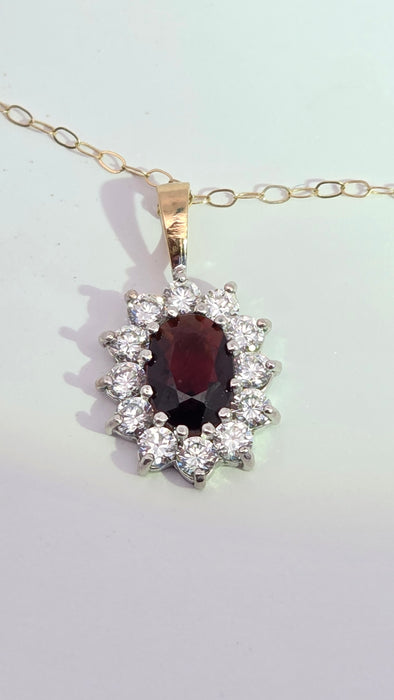 Vintage: 9ct Yellow Gold Garnet & Simulated Diamond Halo Pendant & Chain